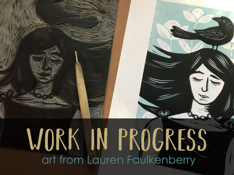 image of a carved lino block print of a woman with a bird on her head